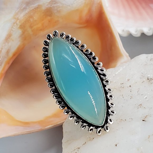 Handmade Artisan Jewelry - Silver Ring Natural Aqua/Blue Chalcedony Stone